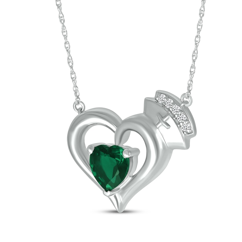 Main Image 2 of Heart-Shaped Lab-Created Emerald & White Lab-Created Sapphire Nurse Necklace Sterling Silver 17&quot;