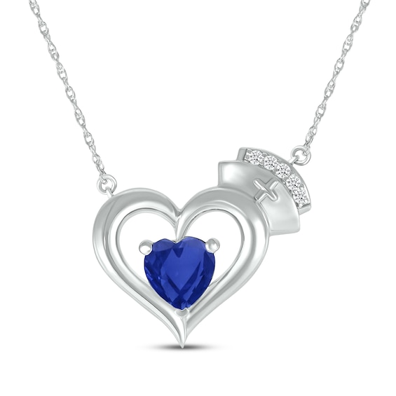 Heart-Shaped Blue Lab-Created Sapphire & White Lab-Created Sapphire Nurse Necklace Sterling Silver 17"