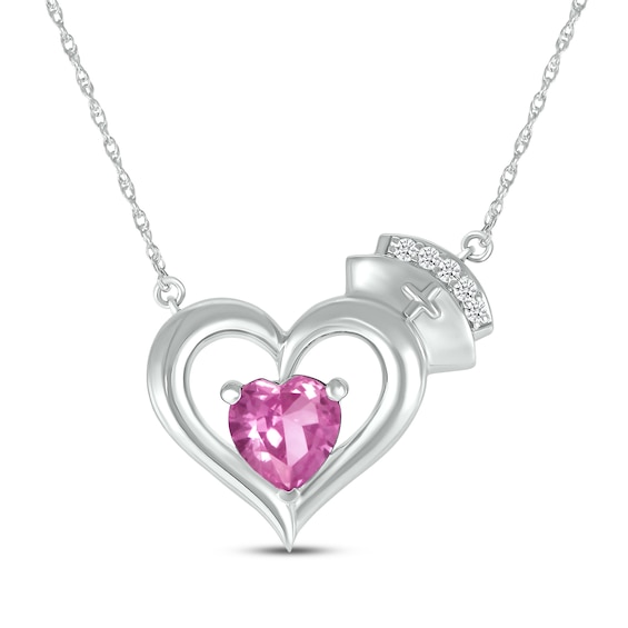 Heart-Shaped Pink Lab-Created Sapphire & White Lab-Created Sapphire Nurse Necklace Sterling Silver 17"