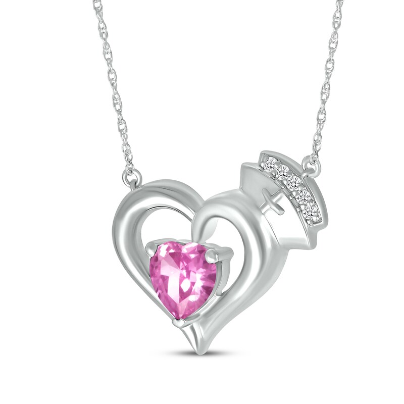 Main Image 2 of Heart-Shaped Pink Lab-Created Sapphire & White Lab-Created Sapphire Nurse Necklace Sterling Silver 17&quot;