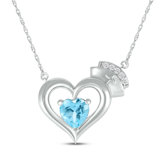 Heart-Shaped Blue Topaz & White Lab-Created Sapphire Nurse Necklace Sterling Silver 17"