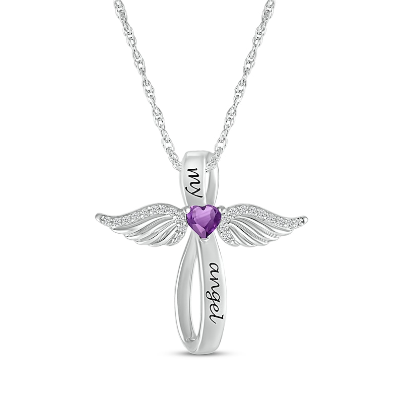 Main Image 1 of Heart-Shaped Amethyst & White Lab-Created Sapphire Angel Wings & Cross Necklace Sterling Silver 18&quot;