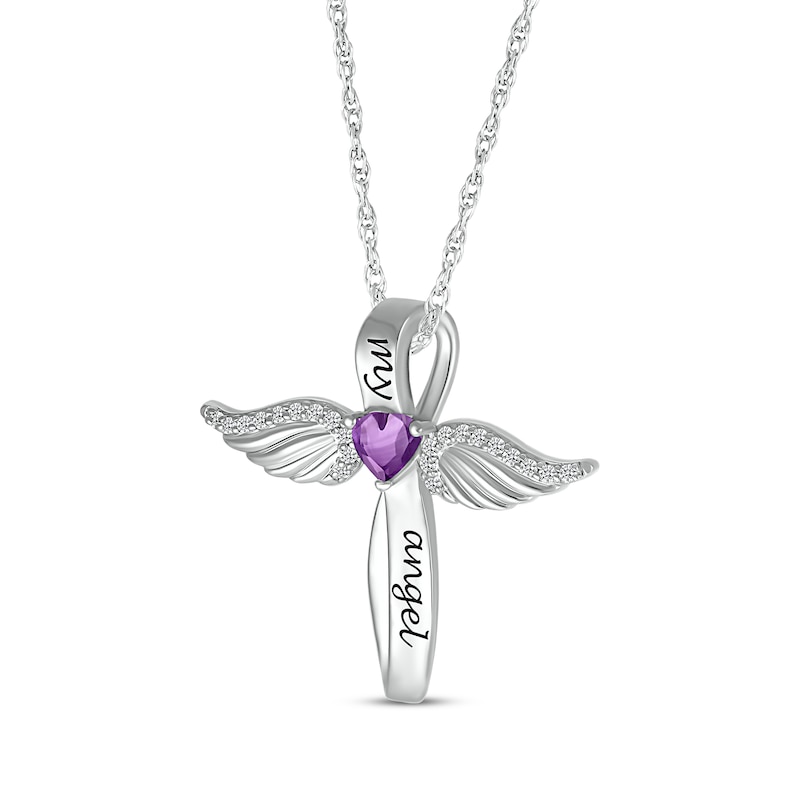 Main Image 2 of Heart-Shaped Amethyst & White Lab-Created Sapphire Angel Wings & Cross Necklace Sterling Silver 18&quot;
