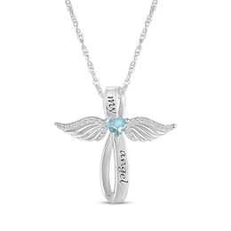 Heart-Shaped Aquamarine & White Lab-Created Sapphire Angel Wings & Cross Necklace Sterling Silver 18"