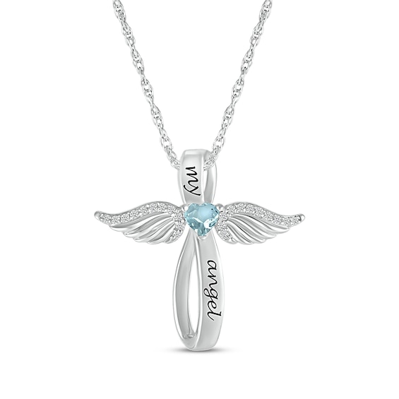 Heart-Shaped Aquamarine & White Lab-Created Sapphire Angel Wings & Cross Necklace Sterling Silver 18"