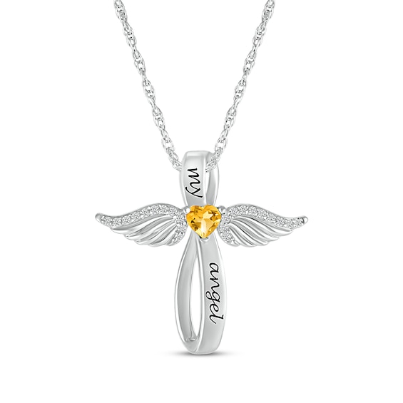 Heart-Shaped Citrine & White Lab-Created Sapphire Angel Wings & Cross Necklace Sterling Silver 18"