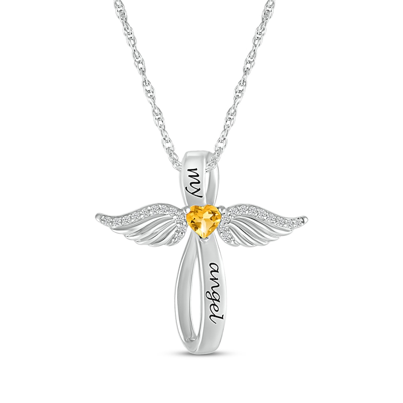 Main Image 1 of Heart-Shaped Citrine & White Lab-Created Sapphire Angel Wings & Cross Necklace Sterling Silver 18"