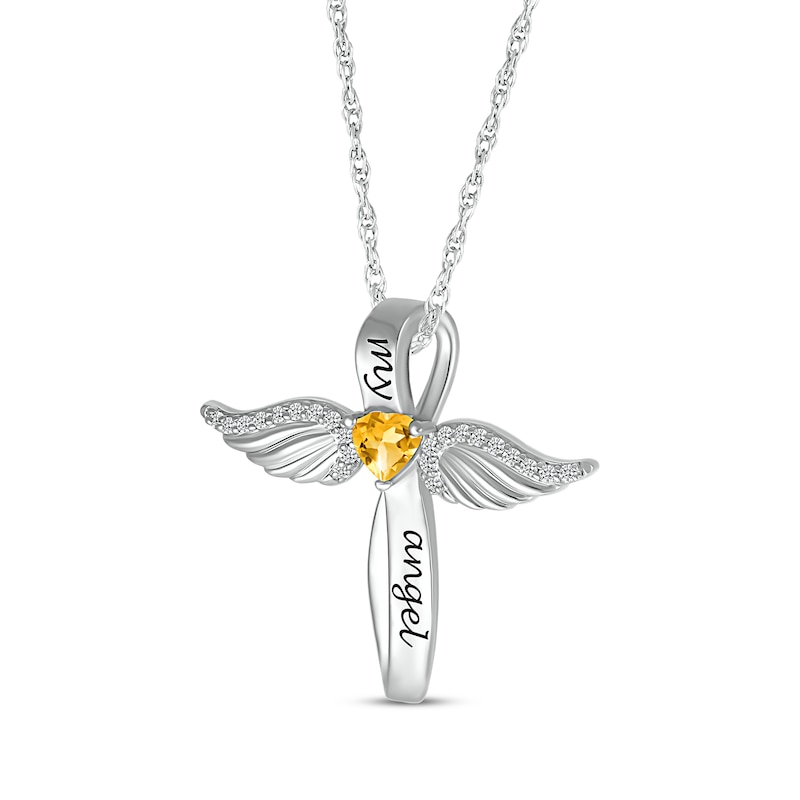 Main Image 2 of Heart-Shaped Citrine & White Lab-Created Sapphire Angel Wings & Cross Necklace Sterling Silver 18"