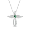 Thumbnail Image 1 of Heart-Shaped Lab-Created Emerald & White Lab-Created Sapphire Angel Wings & Cross Necklace Sterling Silver 18&quot;