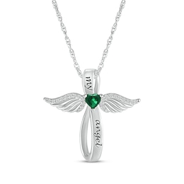 Heart-Shaped Lab-Created Emerald & White Lab-Created Sapphire Angel Wings & Cross Necklace Sterling Silver 18"