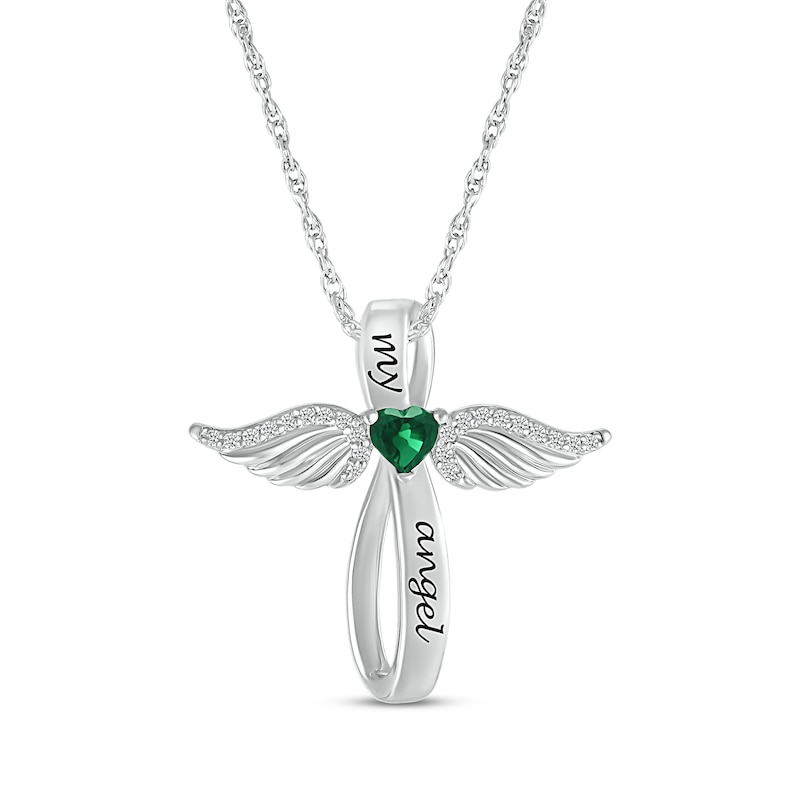 Main Image 1 of Heart-Shaped Lab-Created Emerald & White Lab-Created Sapphire Angel Wings & Cross Necklace Sterling Silver 18&quot;