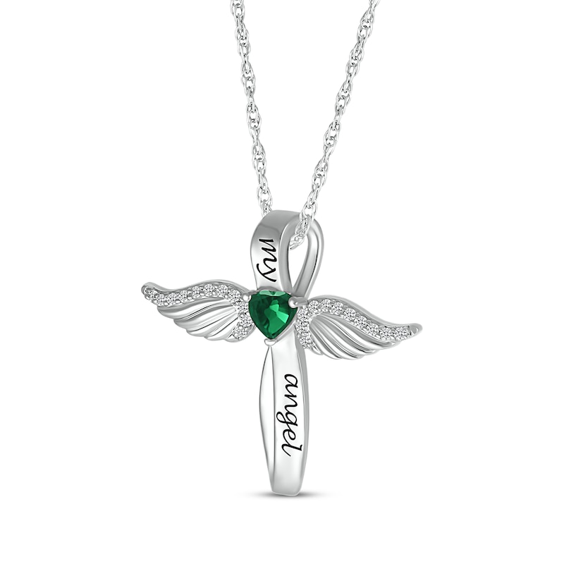 Main Image 2 of Heart-Shaped Lab-Created Emerald & White Lab-Created Sapphire Angel Wings & Cross Necklace Sterling Silver 18&quot;