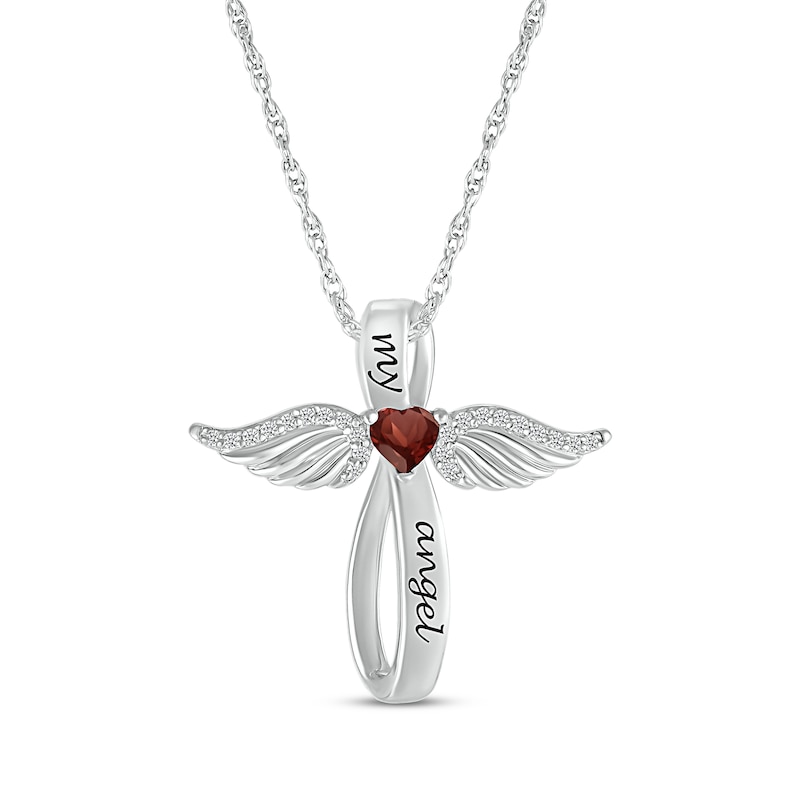 Main Image 1 of Heart-Shaped Garnet & White Lab-Created Sapphire Angel Wings & Cross Necklace Sterling Silver 18&quot;