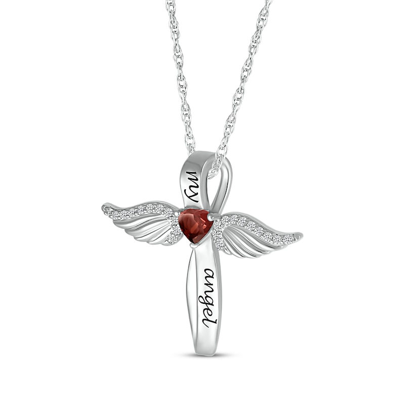 Main Image 2 of Heart-Shaped Garnet & White Lab-Created Sapphire Angel Wings & Cross Necklace Sterling Silver 18&quot;