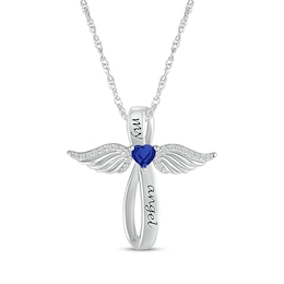 Heart-Shaped Blue Lab-Created Sapphire & White Lab-Created Sapphire Angel Wings & Cross Necklace Sterling Silver 18"