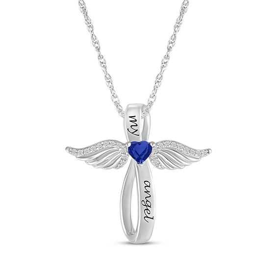 Heart-Shaped Blue Lab-Created Sapphire & White Lab-Created Sapphire Angel Wings & Cross Necklace Sterling Silver 18"