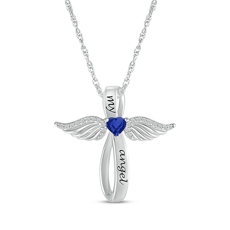 Main Image 1 of Heart-Shaped Blue Lab-Created Sapphire & White Lab-Created Sapphire Angel Wings & Cross Necklace Sterling Silver 18&quot;