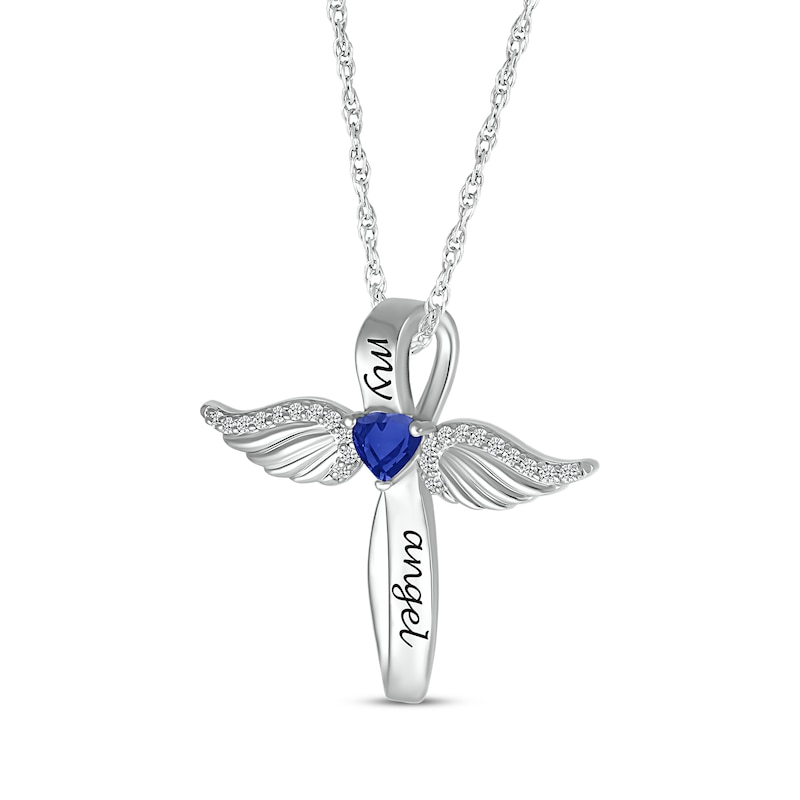 Main Image 2 of Heart-Shaped Blue Lab-Created Sapphire & White Lab-Created Sapphire Angel Wings & Cross Necklace Sterling Silver 18&quot;