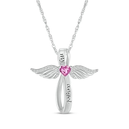 Heart-Shaped Pink Lab-Created Sapphire & White Lab-Created Sapphire Angel Wings & Cross Necklace Sterling Silver 18"