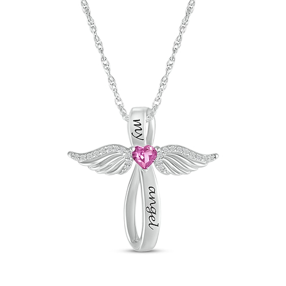 Heart-Shaped Pink Lab-Created Sapphire & White Lab-Created Sapphire Angel Wings & Cross Necklace Sterling Silver 18"