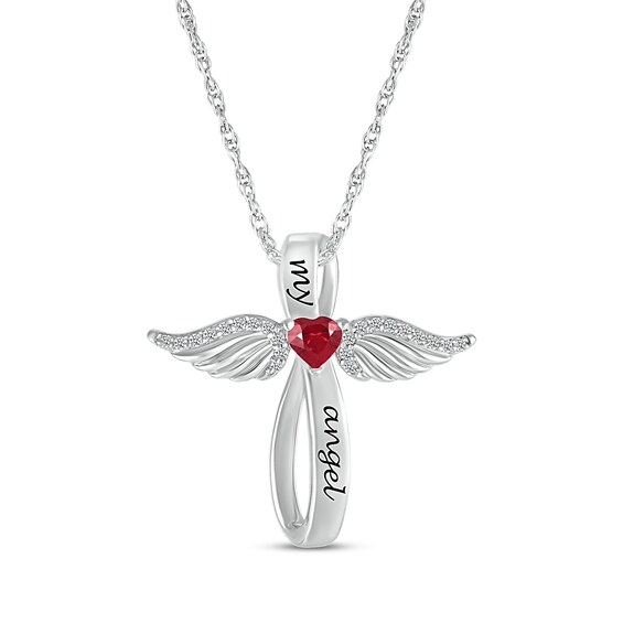 Heart-Shaped Lab-Created Ruby & White Lab-Created Sapphire Angel Wings & Cross Necklace Sterling Silver 18"