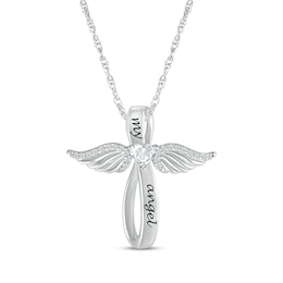 White Lab-Created Sapphire Angel Wings & Cross Necklace Sterling Silver 18"