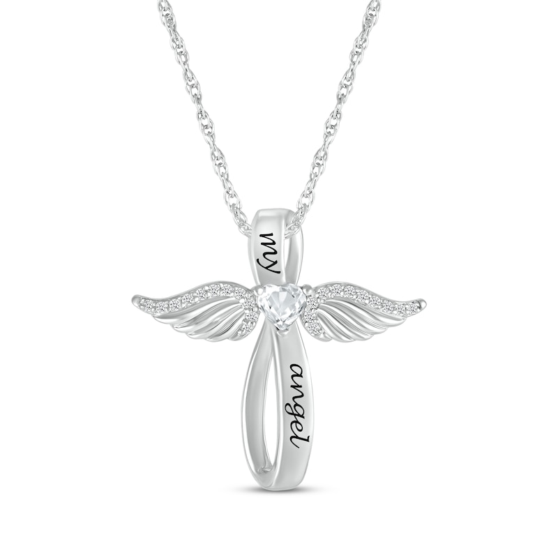 Main Image 1 of White Lab-Created Sapphire Angel Wings & Cross Necklace Sterling Silver 18&quot;