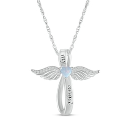 Heart-Shaped Lab-Created Opal & White Lab-Created Sapphire Angel Wings & Cross Necklace Sterling Silver 18"