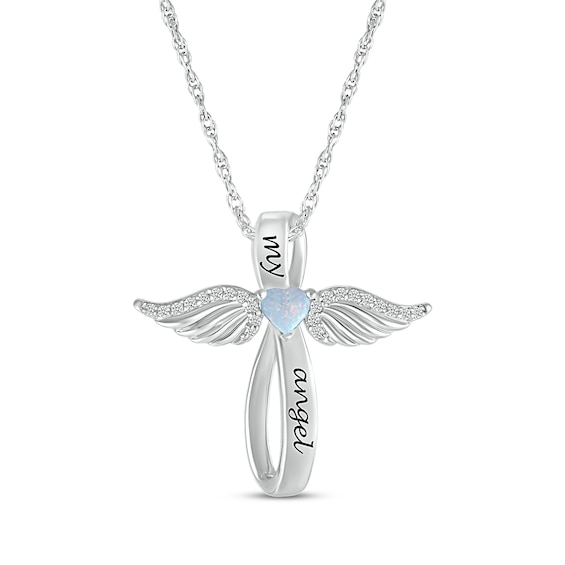 Heart-Shaped Lab-Created Opal & White Lab-Created Sapphire Angel Wings & Cross Necklace Sterling Silver 18"
