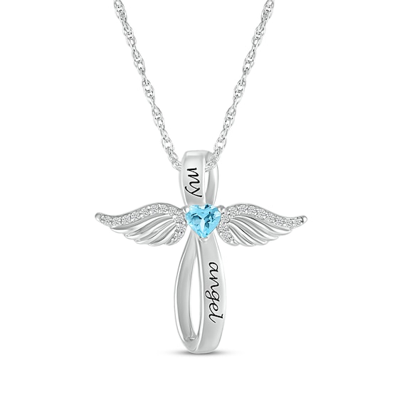 Heart-Shaped Blue Topaz & White Lab-Created Sapphire Angel Wings & Cross Necklace Sterling Silver 18"