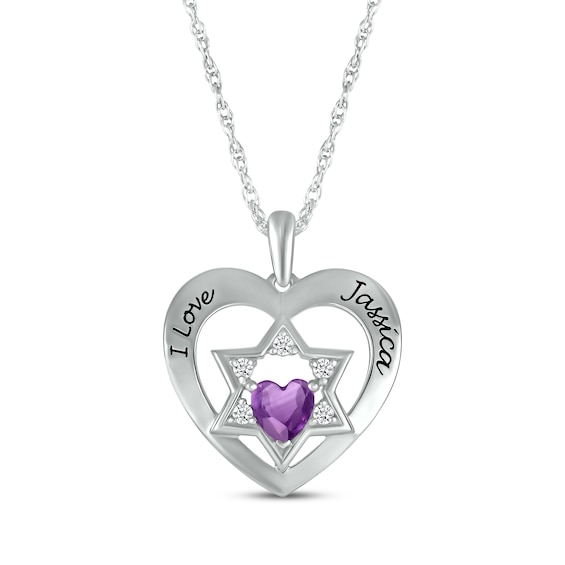 Heart-Shaped Amethyst & White Lab-Created Sapphire Heart & Star of David Necklace Sterling Silver 18"