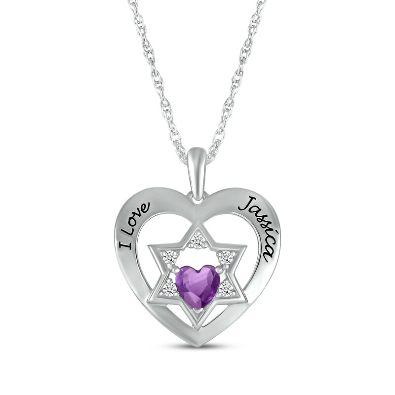 Main Image 1 of Heart-Shaped Amethyst & White Lab-Created Sapphire Heart & Star of David Necklace Sterling Silver 18&quot;