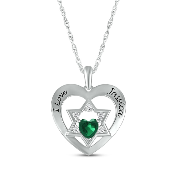 Heart-Shaped Lab-Created Emerald & White Lab-Created Sapphire Heart & Star of David Necklace Sterling Silver 18"