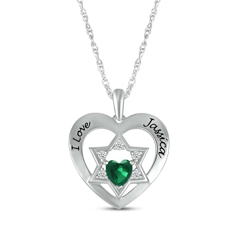 Main Image 1 of Heart-Shaped Lab-Created Emerald & White Lab-Created Sapphire Heart & Star of David Necklace Sterling Silver 18&quot;