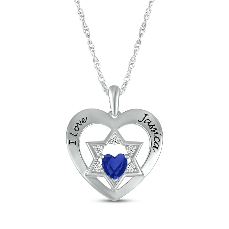Main Image 1 of Heart-Shaped Blue Lab-Created Sapphire & White Lab-Created Sapphire Heart & Star of David Necklace Sterling Silver 18&quot;
