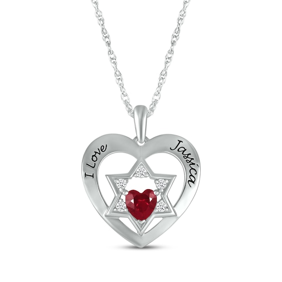 Heart-Shaped Lab-Created Ruby & White Lab-Created Sapphire Heart & Star of David Necklace Sterling Silver 18"