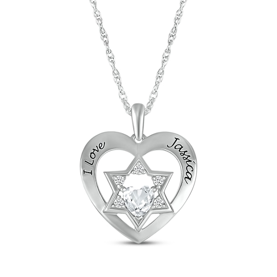 White Lab-Created Sapphire Heart & Star of David Necklace Sterling Silver 18"