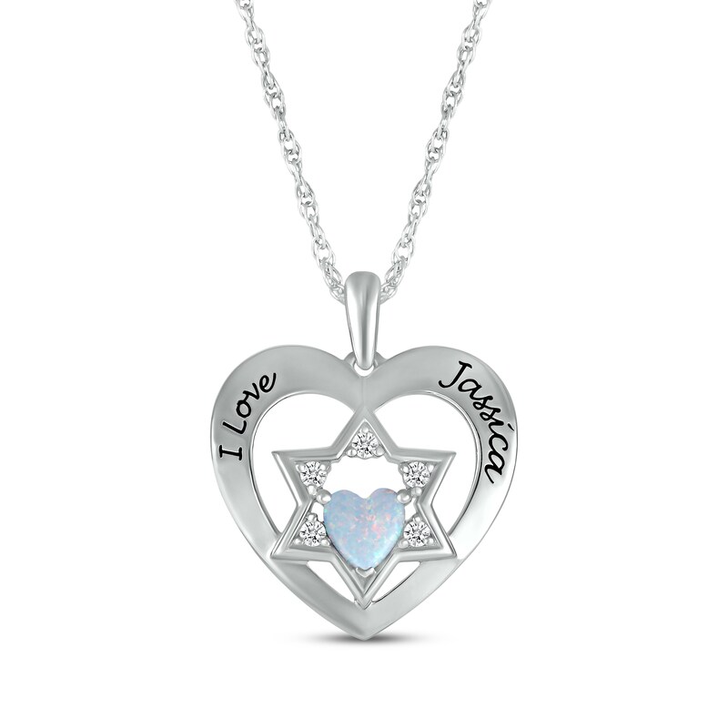 Main Image 1 of Heart-Shaped Lab-Created Opal & White Lab-Created Sapphire Heart & Star of David Necklace Sterling Silver 18&quot;