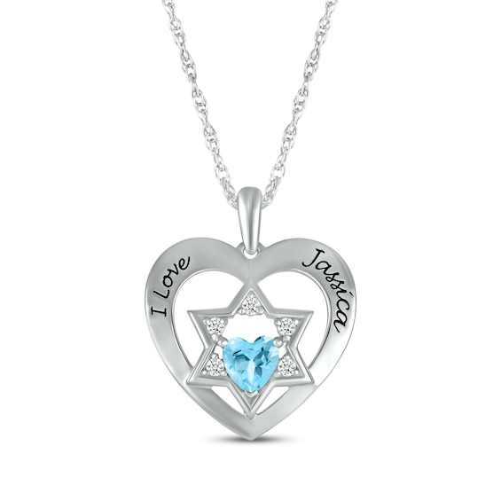Heart-Shaped Blue Topaz & White Lab-Created Sapphire Heart & Star of David Necklace Sterling Silver 18"