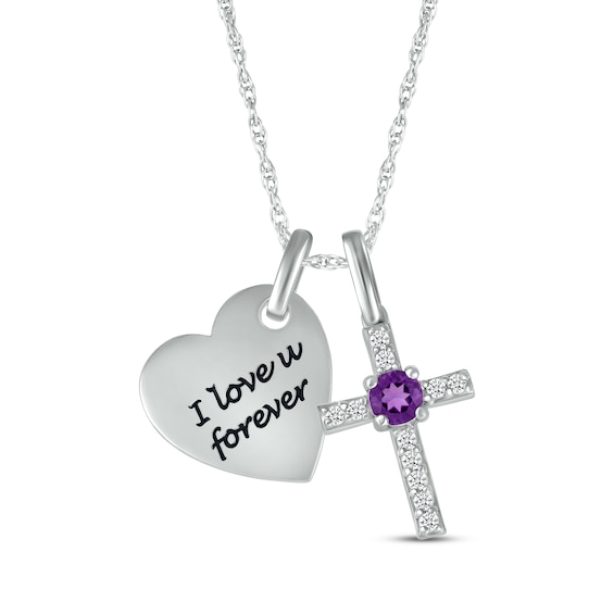 Amethyst & White Lab-Created Sapphire Heart & Cross Necklace Sterling Silver 18"