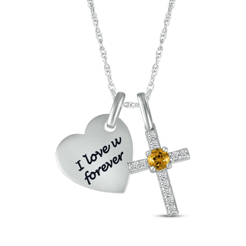Main Image 1 of Citrine & White Lab-Created Sapphire Heart & Cross Necklace Sterling Silver 18&quot;