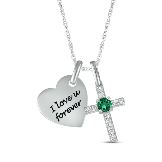 Lab-Created Emerald & White Lab-Created Sapphire Heart & Cross Necklace Sterling Silver 18"