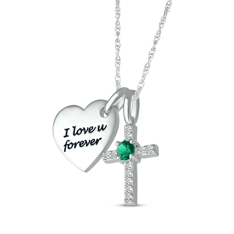 Main Image 2 of Lab-Created Emerald & White Lab-Created Sapphire Heart & Cross Necklace Sterling Silver 18&quot;
