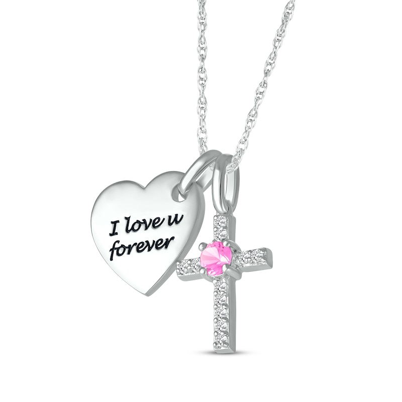 Main Image 2 of Pink Lab-Created Sapphire & White Lab-Created Sapphire Heart & Cross Necklace Sterling Silver 18&quot;
