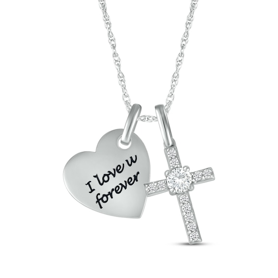 White Lab-Created Sapphire Heart & Cross Necklace Sterling Silver 18"
