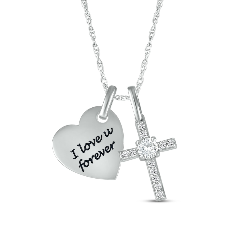 Main Image 1 of White Lab-Created Sapphire Heart & Cross Necklace Sterling Silver 18"