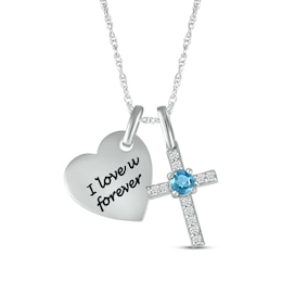 Blue Topaz & White Lab-Created Sapphire Heart & Cross Necklace Sterling Silver 18"