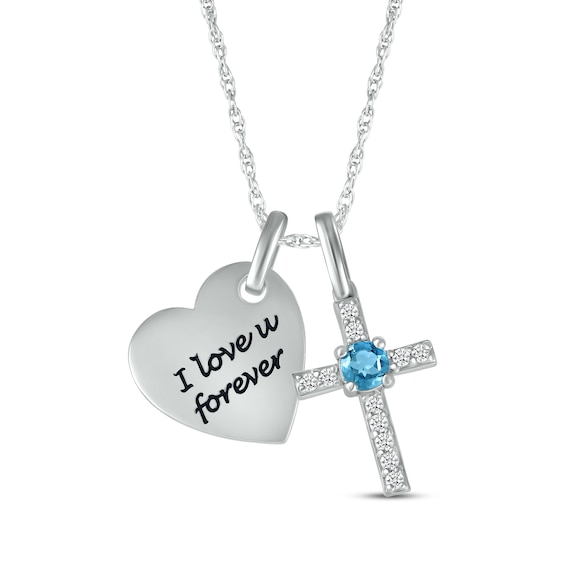 Blue Topaz & White Lab-Created Sapphire Heart & Cross Necklace Sterling Silver 18"