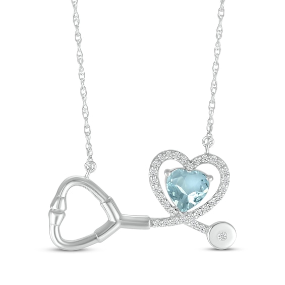 Heart-Shaped Aquamarine & White Lab-Created Sapphire Stethoscope Necklace Sterling Silver 17"