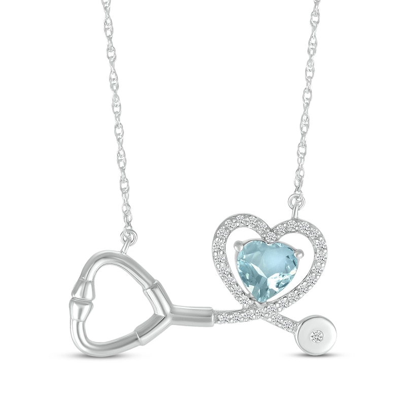 Main Image 1 of Heart-Shaped Aquamarine & White Lab-Created Sapphire Stethoscope Necklace Sterling Silver 17&quot;